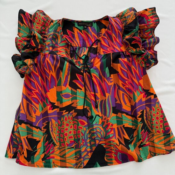 House of Harlow 1960 Short Ruffle Flutter Sleeve Meadow Pink Print Size Medium - Picture 1 of 8